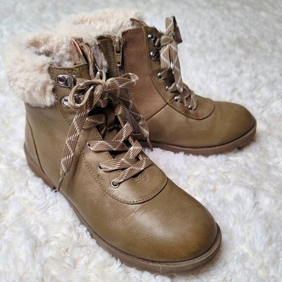 Sugar Youth Brown Lace Up Fux Fur Moto Combat Boots - Picture 1 of 12